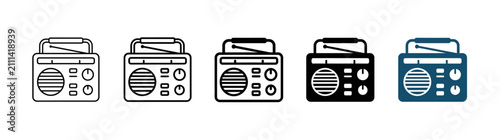 Photos Retro Portable Radio Icons Set: Line Art, Solid Black, and Blue Color Styles