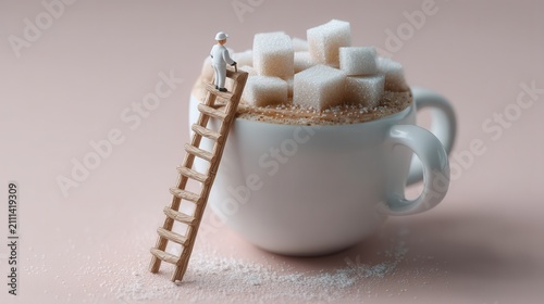 Miniature Figure Climbing A Ladder To Place Sugar Cubes On A Coffee Cup For A Sweet Culinary Concept