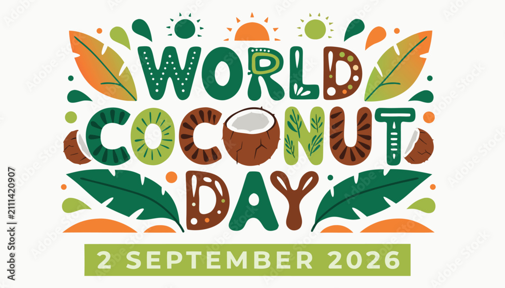 Fototapeta premium World coconut day typography design with tropical leaves and coconut