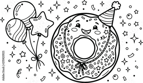 Cute kawaii donut with party hat and balloons coloring book page for kids and adults