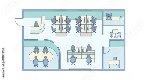 Minimalist flat illustration of a modern office floor plan layout