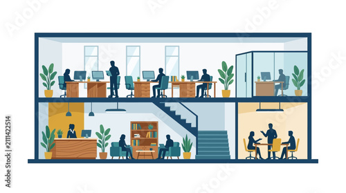 Vector illustration of a modern two-story office building interior