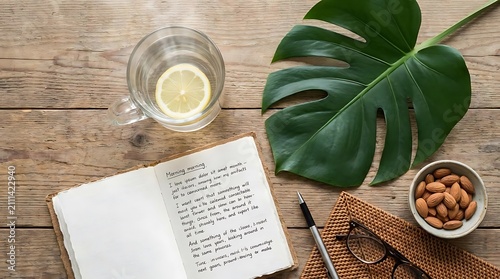 Wellness workspace with journal, lemon water, and almonds.