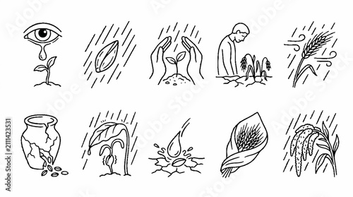 Hand drawn sketch icons depicting agricultural challenges and farming struggles.