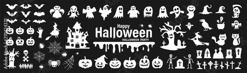 Big set of silhouettes of Halloween on a black background. Vector illustration