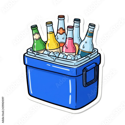 A colorful beach pail filled with assorted toys and sand accessories isolated on transparent background