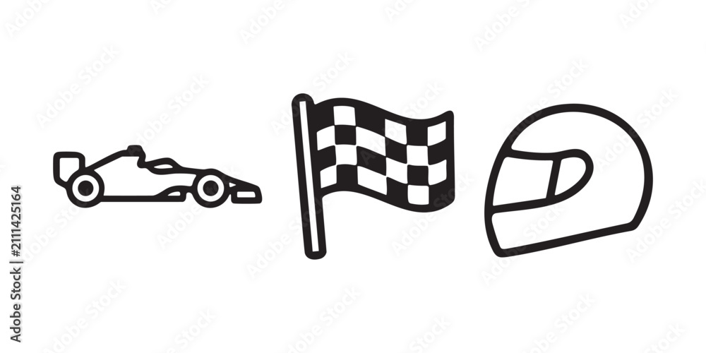 Obraz premium Auto racing and motorsport vector line icons set including Formula 1 car, checkered flag, and racing helmet isolated on white background