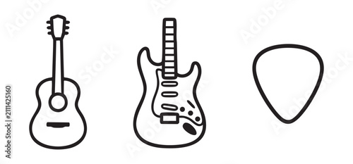 Music and guitars vector line icons set including acoustic guitar, electric guitar, and guitar pick isolated on white background