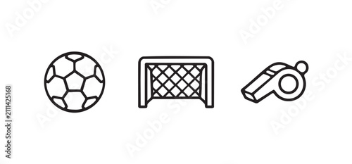 Soccer and football vector line icons set including soccer ball, goal net, and referee whistle isolated on white background



