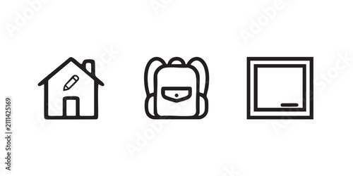 School and education vector line icons set including schoolhouse with pencil, backpack, and blackboard isolated on white background

