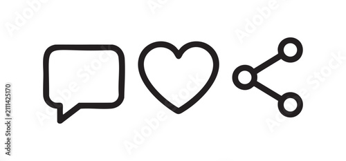 Social media and UI vector line icons set including speech bubble comment, heart like, and share button isolated on white background

