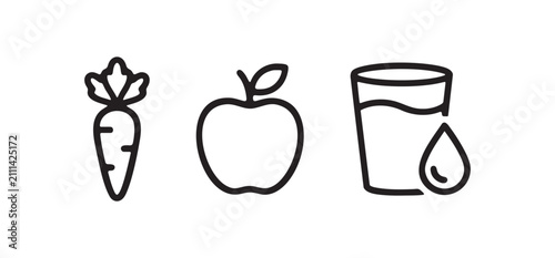 Healthy lifestyle and nutrition vector line icons set including fresh carrot, apple, and glass of water isolated on white background

