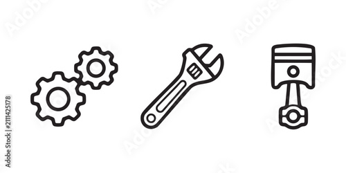 Mechanics and engineering vector line icons set including gears, adjustable wrench, and engine piston isolated on white background

