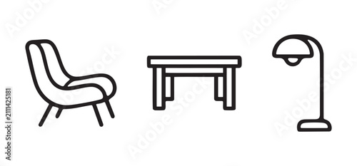 Home furniture and interior decoration vector line icons set including armchair, table, and floor lamp isolated on white background