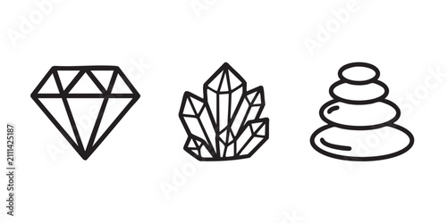 Gemstones and crystals vector line icons set including diamond, crystal cluster, and stacked spa stones isolated on white background

