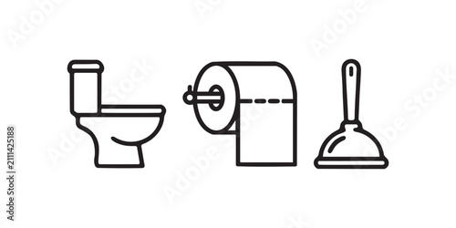 Bathroom and toilet hygiene vector line icons set including toilet bowl, toilet paper roll, and plunger isolated on white background


