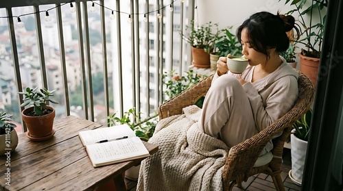 Woman drinking tea on city balcony with journal notebook.