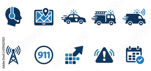 Konstfotografi Set of emergency service icons featuring police car fire truck ambulance dispatch and 911 communication Minimal solid fill icon set bundle collection