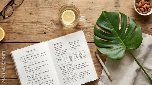 Open journal with monstera leaf and herbal tea.