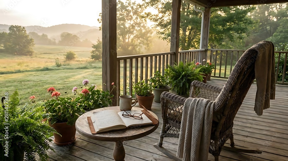 Fototapeta premium Rocking chair on veranda overlooking misty mountain valley.