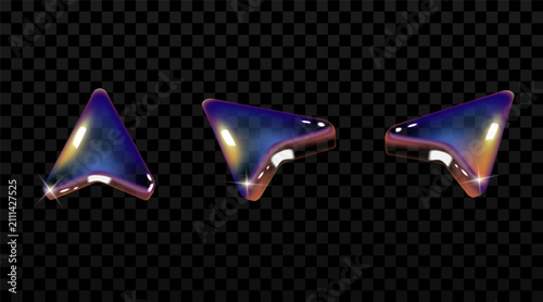 Glossy translucent 3D cursor arrows with iridescent reflections isolated on transparent background