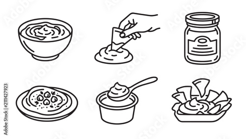 Hummus and dip snack food vector illustration set with appetizer tortilla garbanzo chickpea vegetarian monochrome collection illustration isolated background