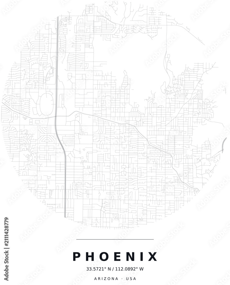 Obraz premium Phoenix AZ Minimalist Street Map Circle Poster, Black and White