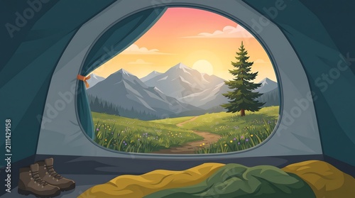 Experience the tranquility of nature from inside a cozy tent with breathtaking views of majestic mountains lush greenery and vibrant sunrise
