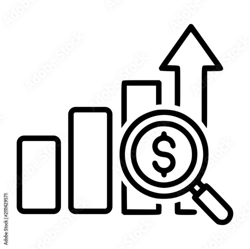 Financial growth analysis chart icon with business statistics magnifying