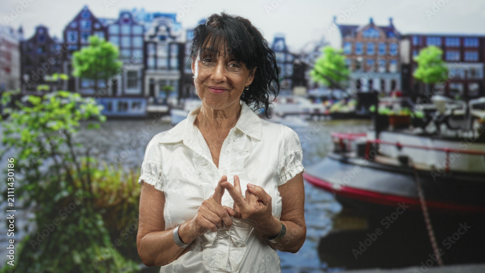 Fototapeta premium Senior hispanic woman counting on fingers beside a moored boat in front of canal building, wearing white blouse and bracelets; reflection.