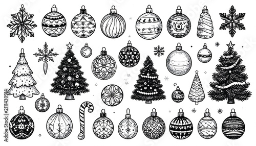 Black and White Christmas Tree and Ornaments Vector Illustration - Hand-drawn Style