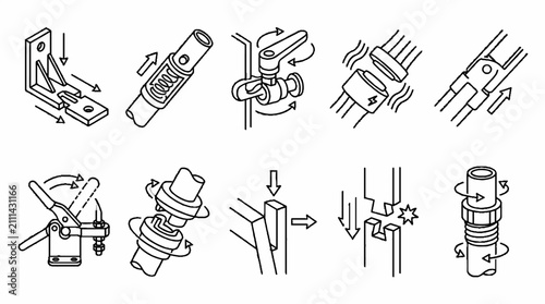 A collection of technical line art icons showing various mechanical assembly and connection methods.