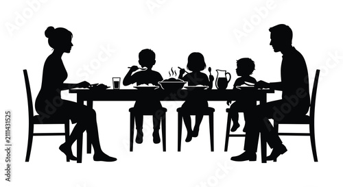 Family Dining Together At Table Black Silhouette
