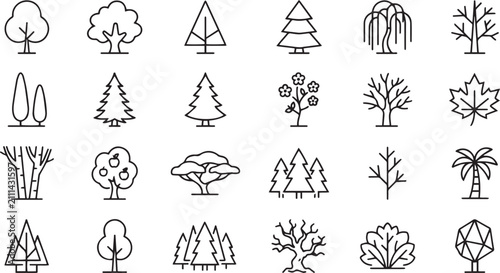 Big set of minimal trees linear icons Line icon stock vector. Linear icon collection. Editable stroke. Vector illustration.