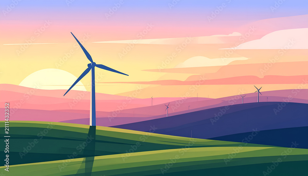 Fototapeta premium Serene Landscape with Wind Turbine at Sunset.