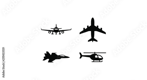 Fotografía Airplane Fighter Jet And Helicopter Silhouettes On White Background