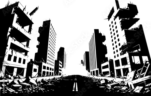 廃墟となり崩れかけた摩天楼が並ぶ荒涼とした街の通りの荒涼とした白黒イラスト