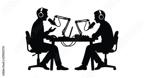 Two People Recording A Podcast With Microphones Black Silhouette