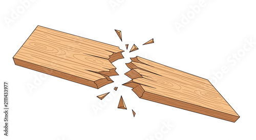 Realistic drawing of a long wooden plank snapped completely in half, showing splinters and flying wooden debris.