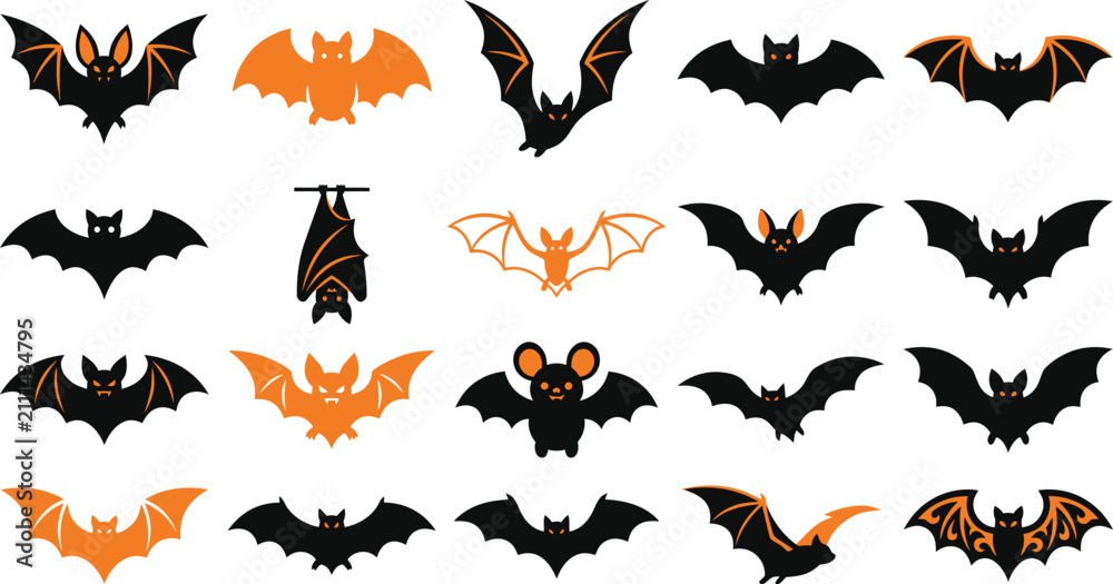 Fototapeta premium Collection of various black and orange bat silhouettes isolated on white background for halloween decoration and graphic design elements