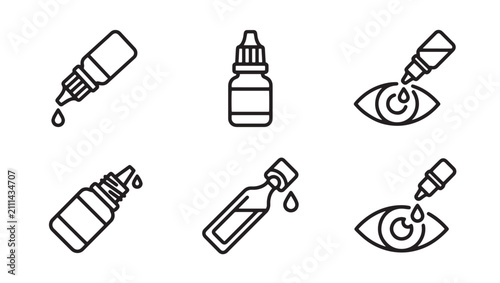 Ophthalmology eye drop medication icon set with medicine treatment ophthalmology optometry pharmacy application clinical solution container monochrome collection pictogram wellness