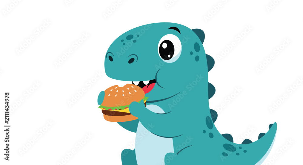 Obraz premium Adorable baby dinosaur happily taking a big bite of a delicious cheeseburger against a white background.