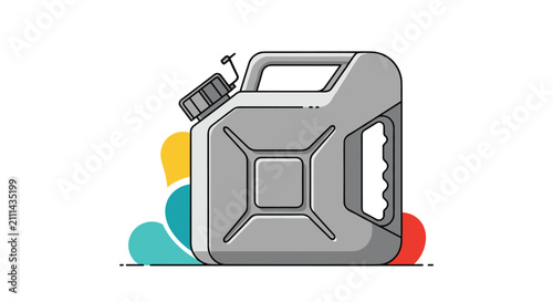 Grey metal jerry can container for gasoline or diesel fuel shown as a clean vector graphic illustration.