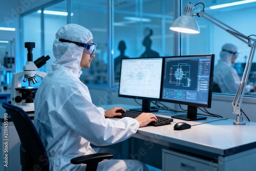 Scientist in protective suit working at lab computer station