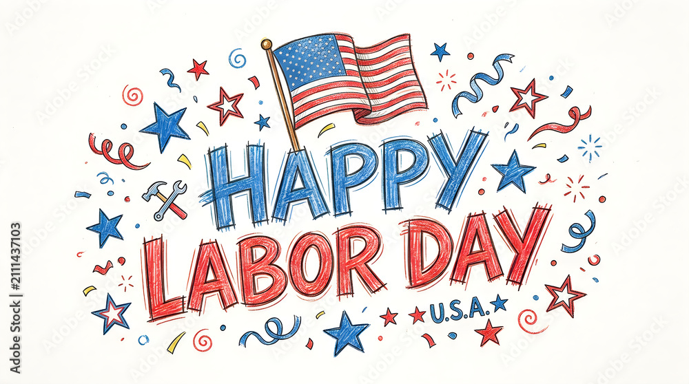 Obraz premium Happy labor day decorative illustration with american flag and stars american celebration patriotic