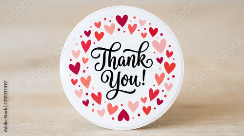 Round card featuring thank you text surrounded by a wreath of various red and pink hearts, calligraphy