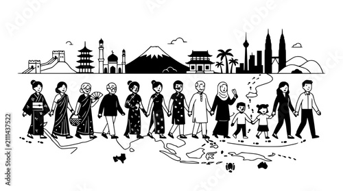Bild auf Leinwand Diverse People Holding Hands on World Map, Cultural Diversity, Global Unity