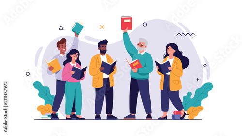 Diverse group of happy young and elderly people standing together while holding and reading their favorite books.