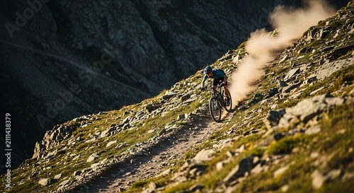 A cyclist rides a mountain bike down a rocky trail on a hillside with a cloud of dust behind them.