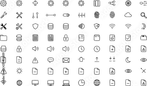 Minimalist system configuration database network document and computer utility line art icon set vector design elements